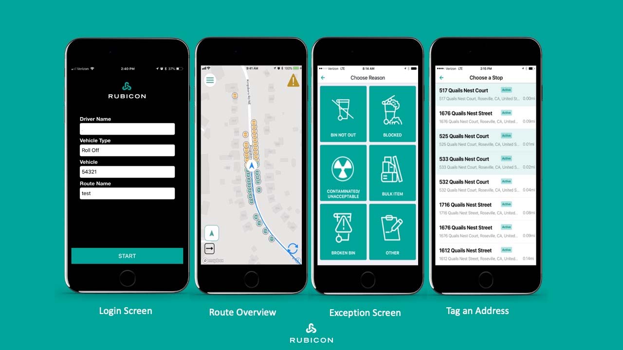 [alt text: Four screenshots of the RUBICONSmartCity app]